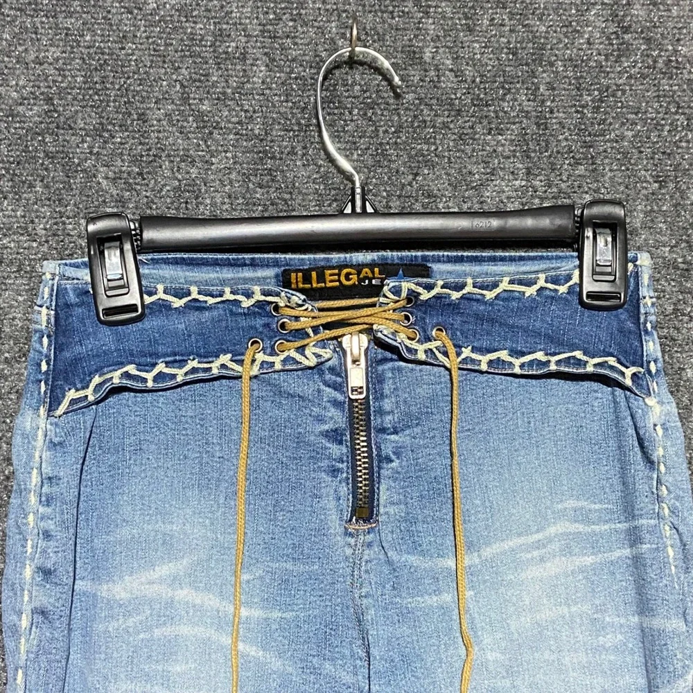 Illegal Jeans Womens Light Wash Crochet Lace Up Flare Denim Jeans Size 5 Y2K